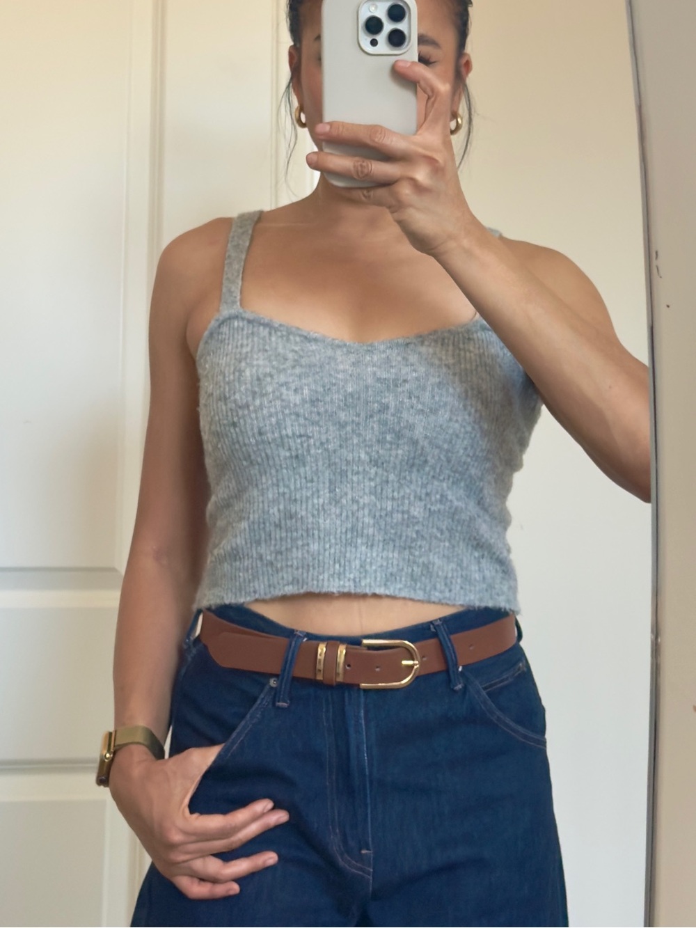 zara gray soft fuzzy knit chic crop top tank size M